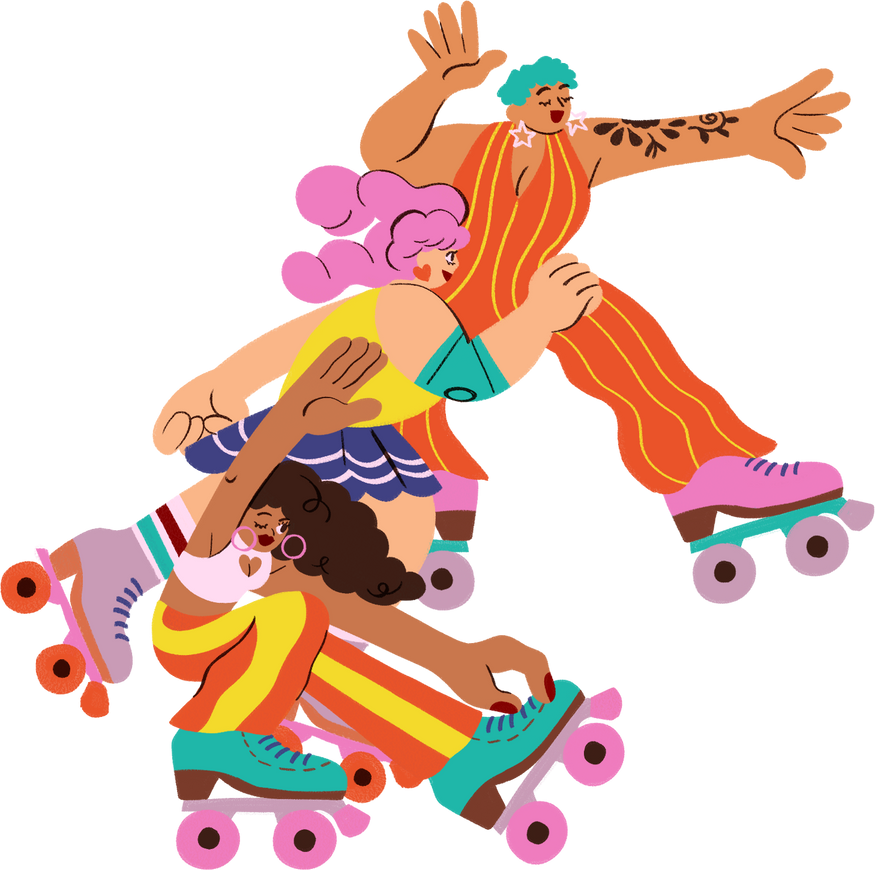 Hand Drawn Vibrant Friends Roller Skating Together
